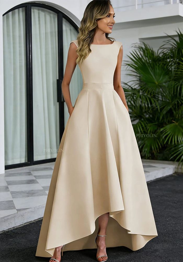 Robe de cocktail Legant sans manches à taille slim en satin haute-basse (le temps de traitement nécessite 3-6 jours)