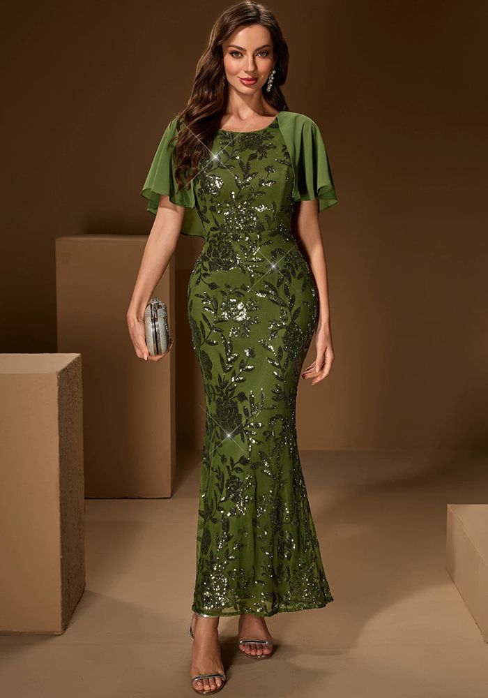 Robe de soirée formelle à manches cape en sequins à col rond été/automne