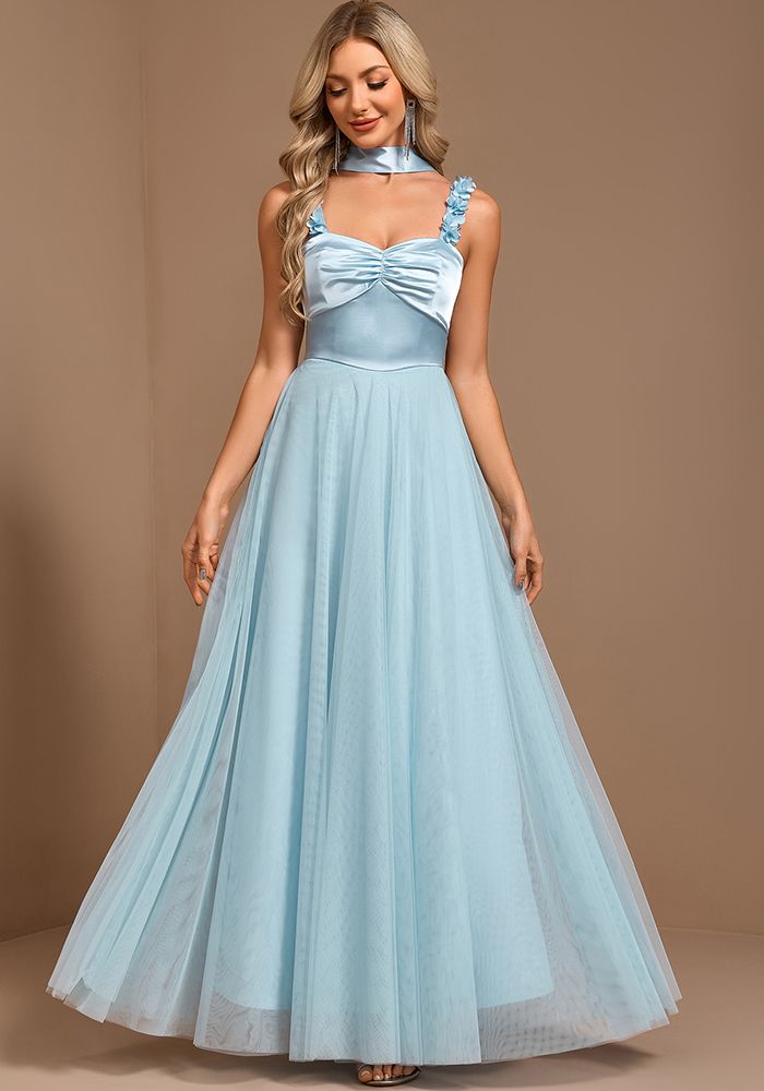 Robe de Soirée A-Line Élégante à Col Halter en Tulle Pliée