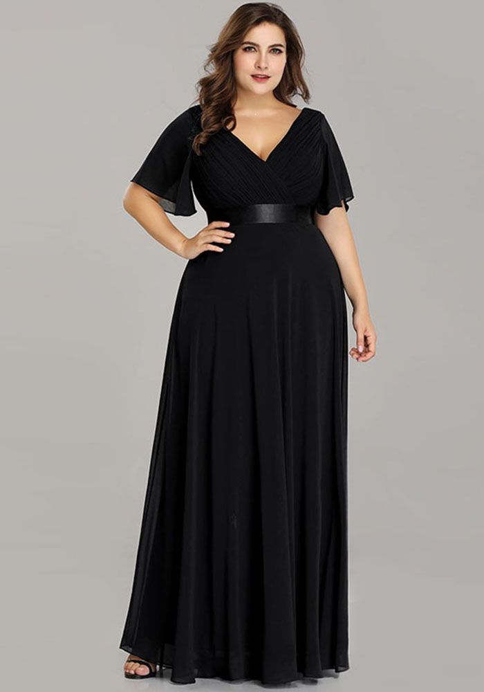 Robe de Soirée Longue Formelle à Encolure en V en Chiffon Grande Taille (Délai de traitement de 3 à 6 jours)