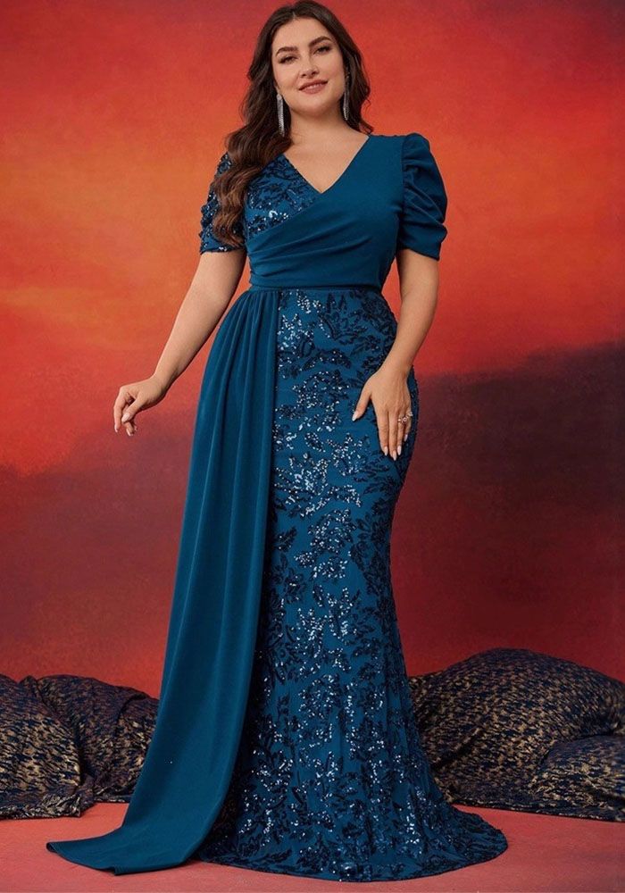 Robe de cocktail élégante à sequins grande taille à col en V et manches courtes pour la mère de la mariée (temps de traitement de 3 à 6 jours)