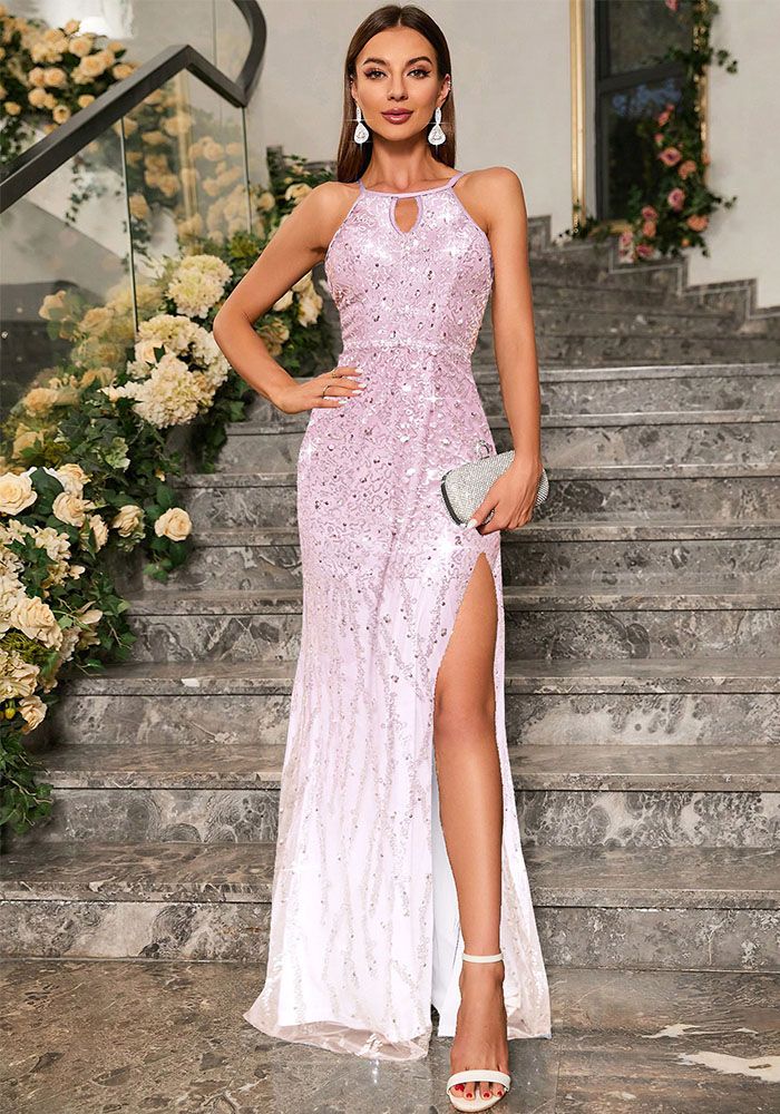 Robe de soirée formelle à col halter chic slim fit en sequins d'été pour femmes