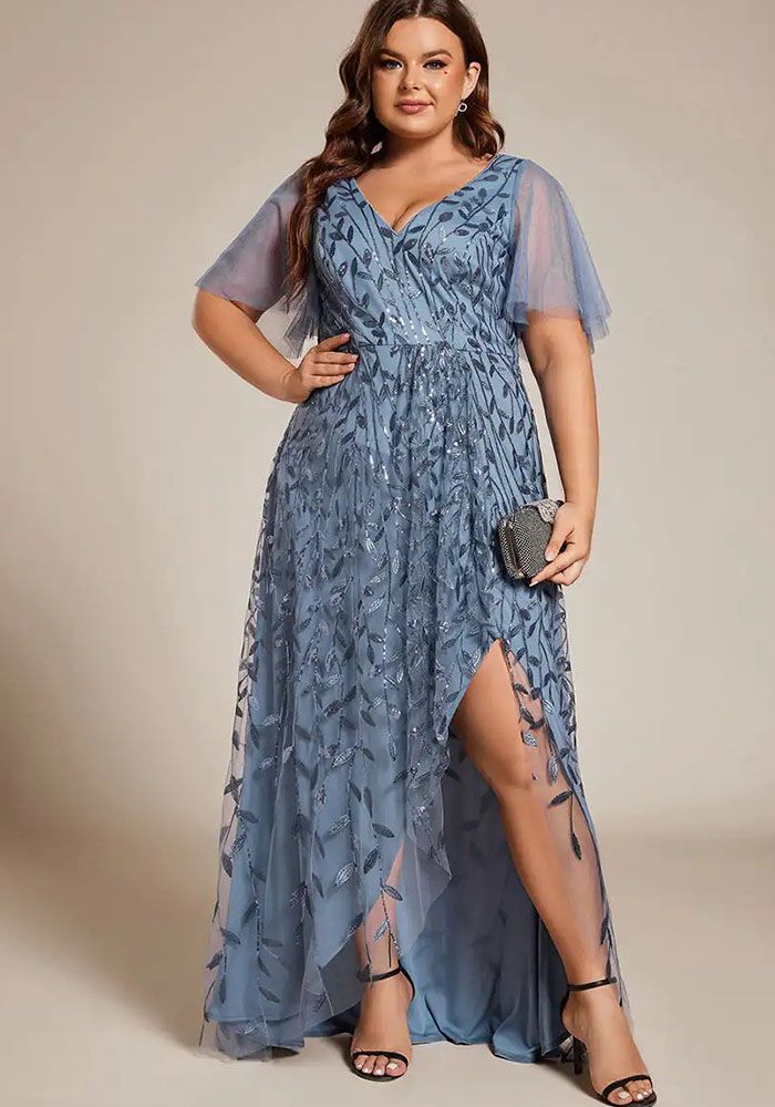 Robe Longue à Manches Courtes en Maille à Sequins avec Fente pour Femmes Grande Taille