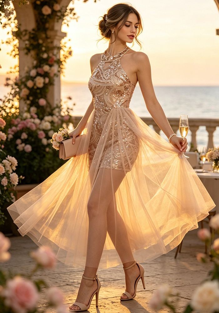 Robe en Mesh à Col Halter en Sequins Champagne pour Femmes