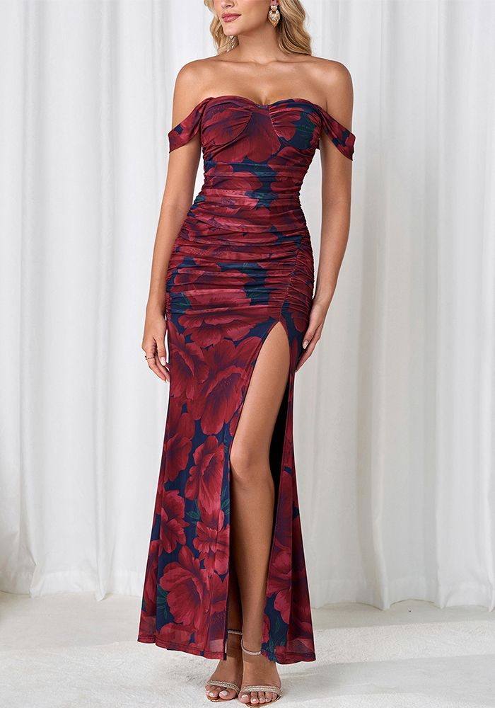 Robe Maxi à Bretelles Plissée Femme en Maille Dos Nu avec Fente Haute et Épaules Dégagées