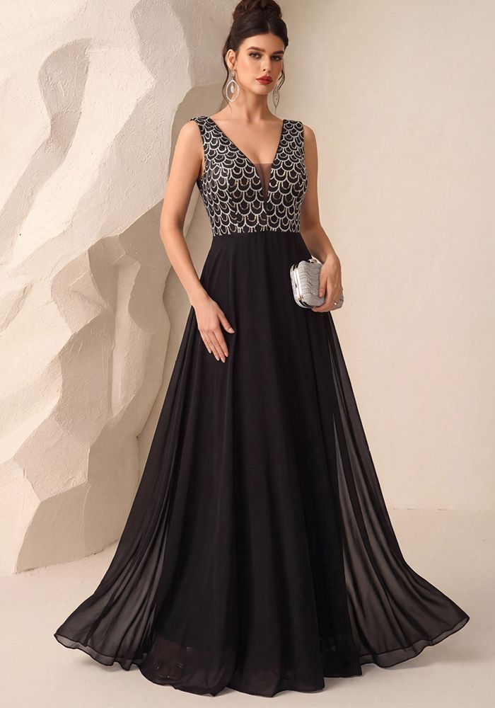 Robe Maxi Chiffon Sans Manches à Col V Profond pour Femmes avec Paillettes en Patchwork