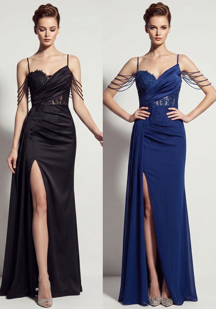 Robe de Soirée Formelle à Bretelles pour Femmes avec Franges et Dos Nu