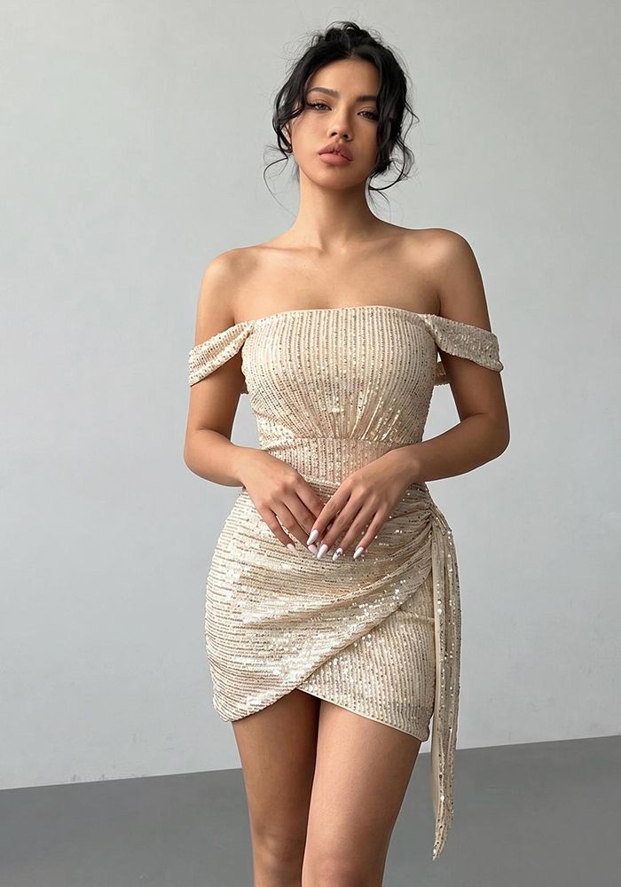 Robe Mini de Soirée Bodycon Chic Femme à Sequins Sans Épaules