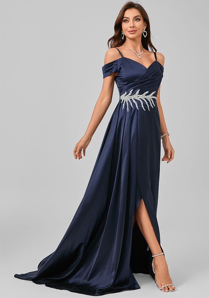 Robe de Soirée à Bretelles avec Fente et Taille en Strass pour Femme