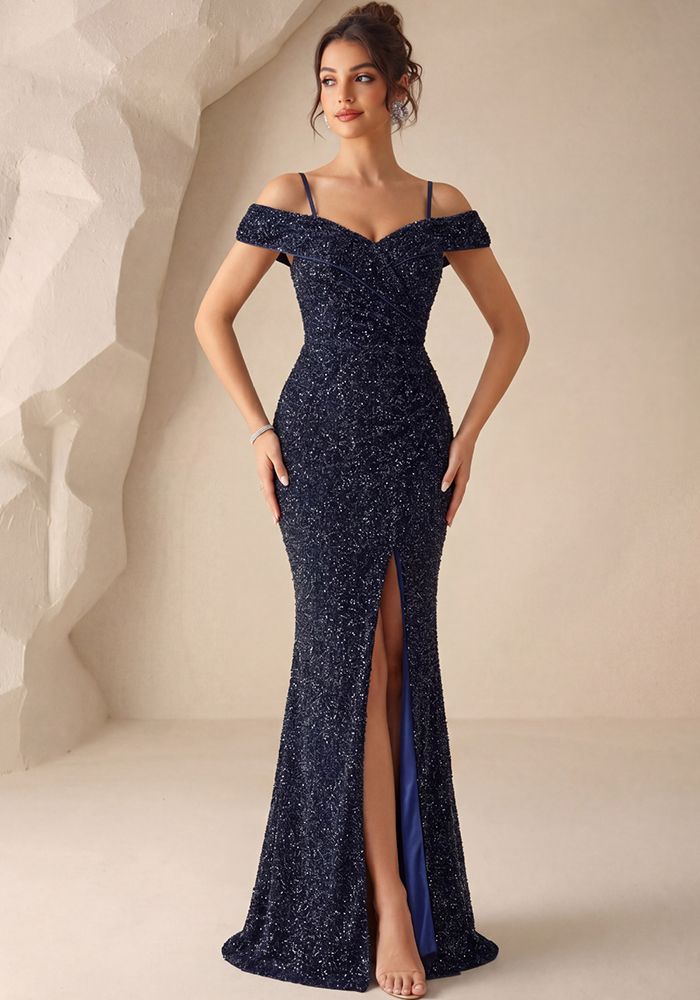 Robe de soirée à épaules dénudées avec fente haute pour femmes