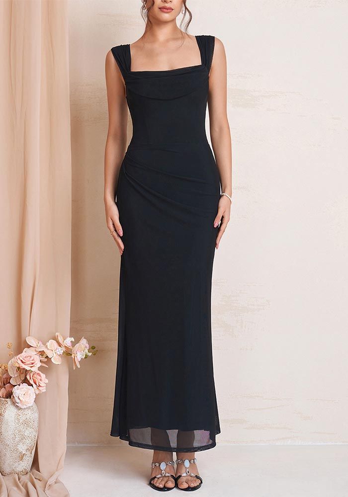 Robe Maxi Femme d'Été à Bretelles Spaghetti Off Shoulder en Maille Fishbone