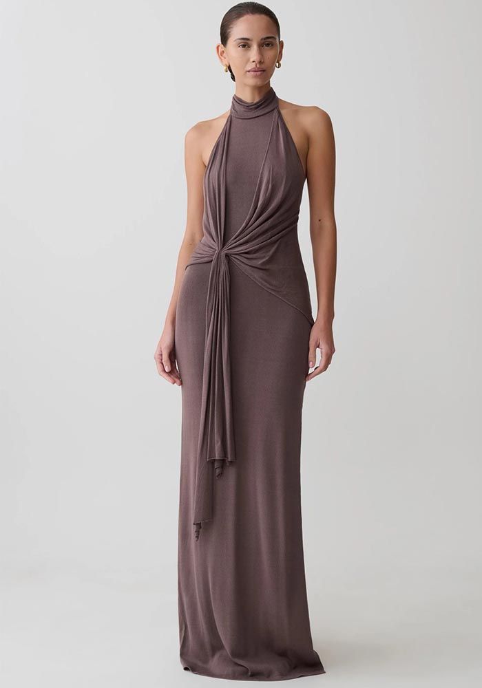Robe Slim-Slit à Dos Nu en Tricot à Col Halter pour Femmes