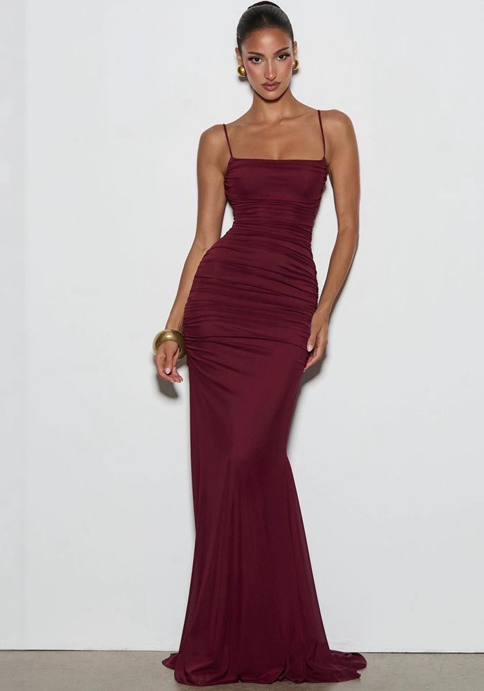 Robe Maxi de Soirée Plissée à Fines Bretelles pour Femmes Printemps