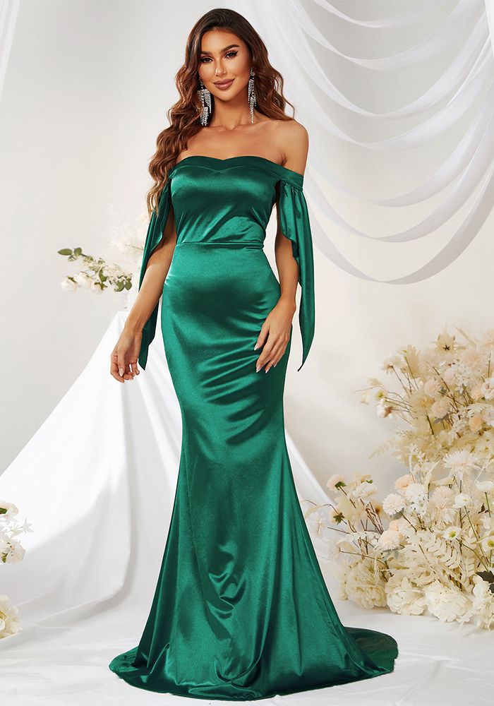 Robe de Soirée Formelle Femme Verte à Épaules Dégagées avec Traîne en Queue de Poisson