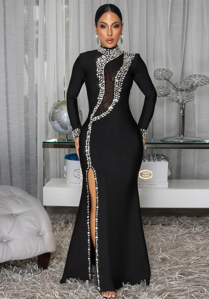 Robe Maxi à Manches Longues à Col Montant avec Fente et Perles pour Femmes
