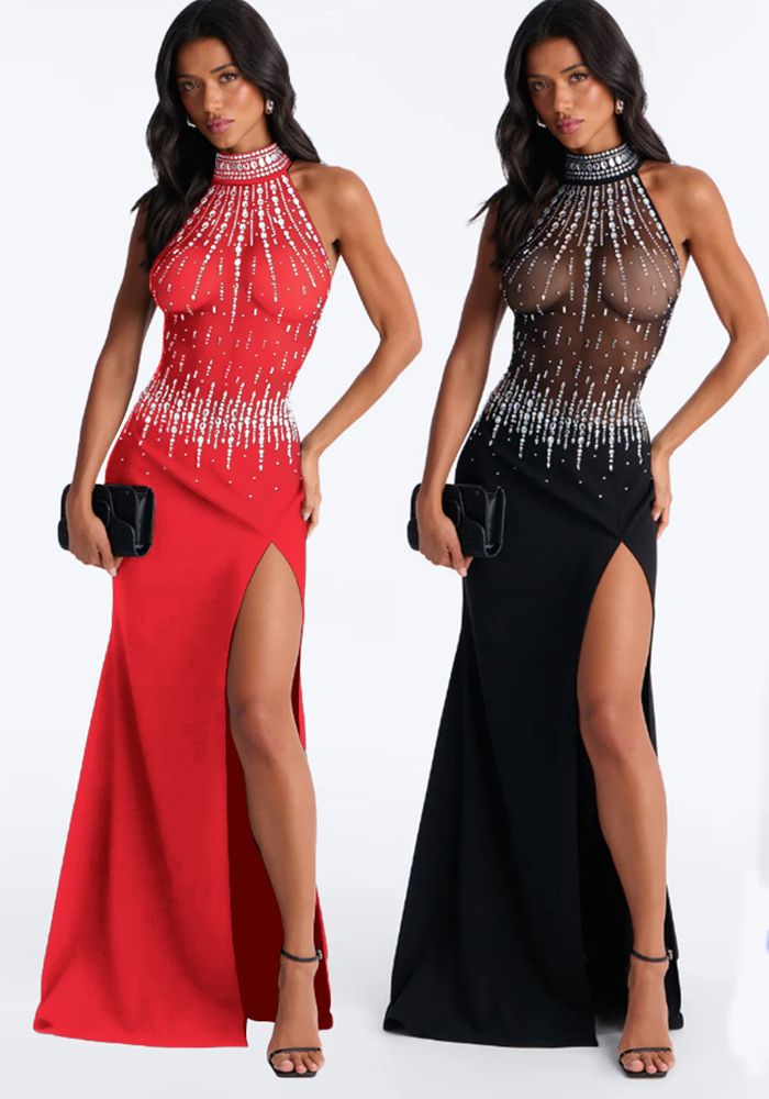 Robe Femme À Col Montant Demi Perles Sans Manches Fente Transparent En Maille Patchwork