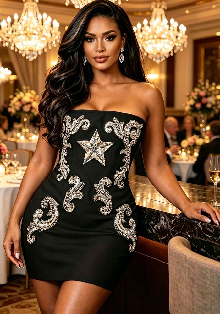 Robe Mini de Soirée Sans Bretelles en Strass avec Broderie Étoile et Dos Nu pour Femmes