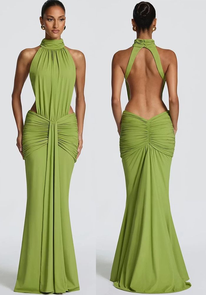 Robe de soirée formelle à col haut froncé pour femmes avec dos nu