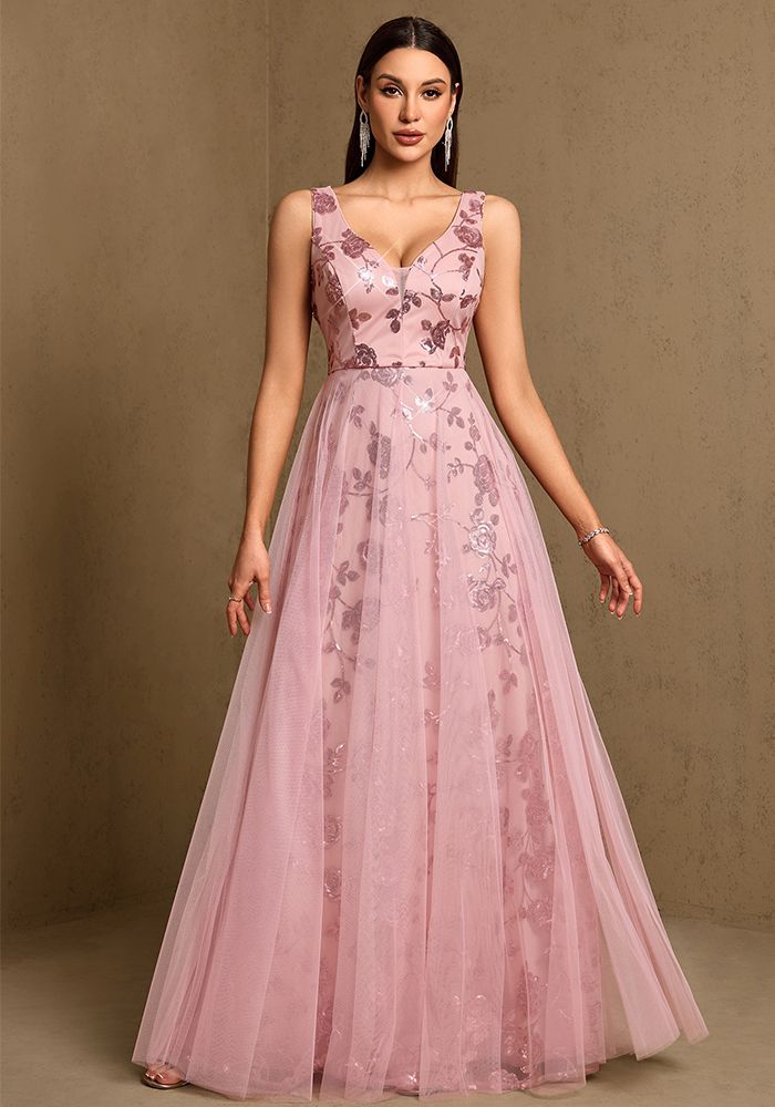 Robe de Soirée Évasée en Mesh Floral à Sequins Profond V pour Femmes