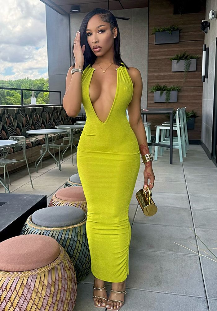 Robe Maxi à Col V en Métal pour Femmes