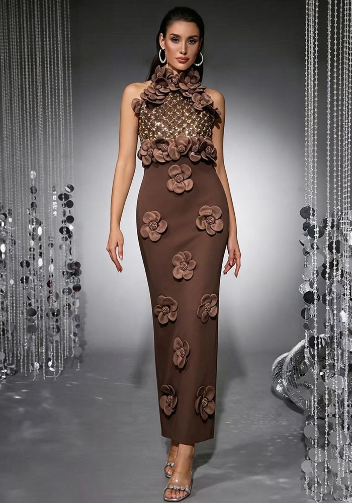 Robe Maxi Bodycon Fendue en Maille Transparente à Fleurs en Sequins avec Col Halter pour Femmes