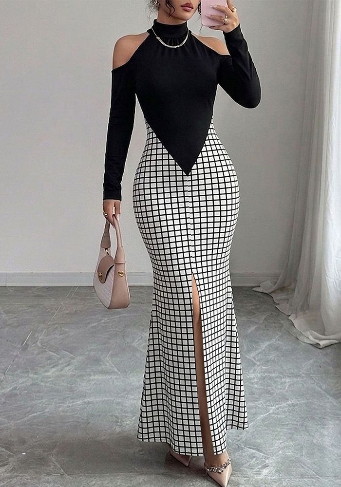 Robe Maxi à Manches Longues Off Shoulder à Carreaux pour Femmes