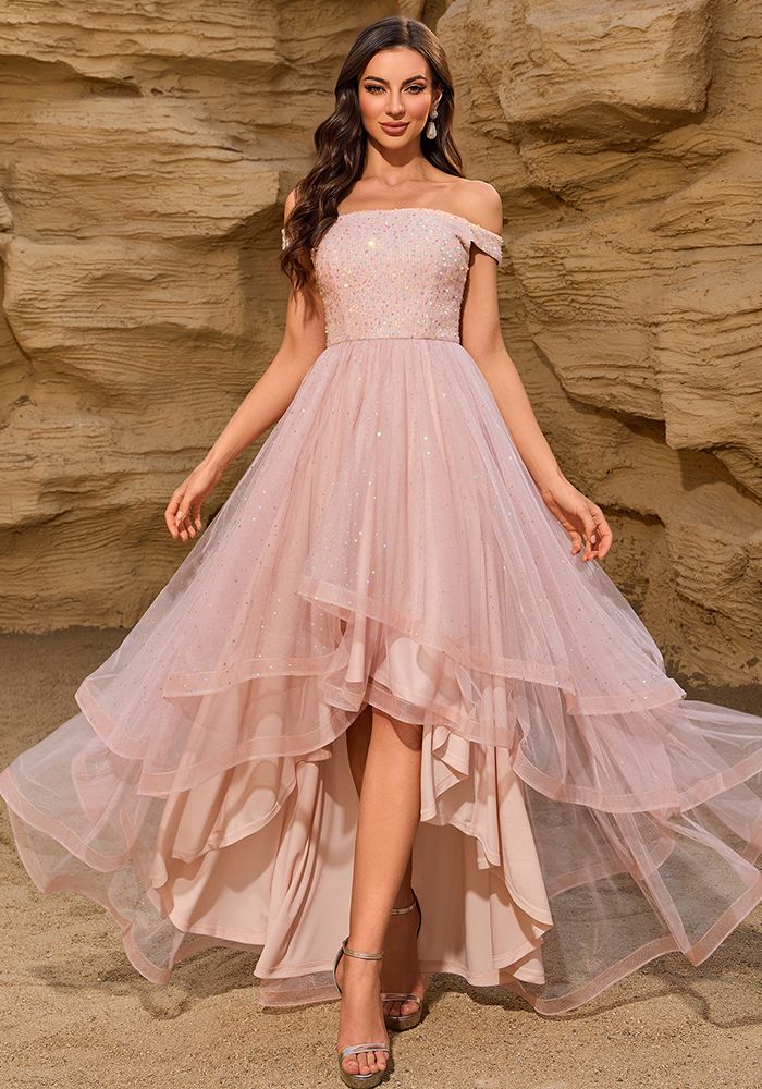 Robe Midi de Soirée Femme Épaules Nues en Sequins avec Panneaux en Tulle Irreguliers