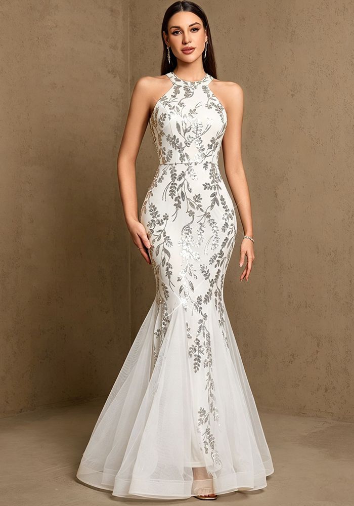 Robe de soirée sirène sans manches à col halter et perles pour femmes