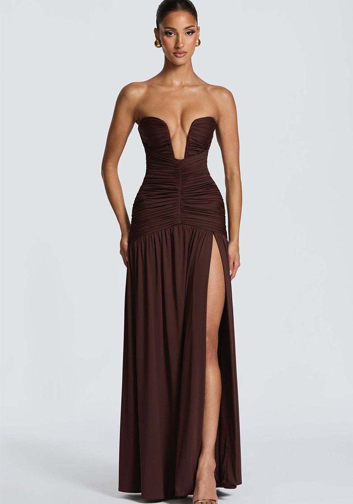 Robe longue sans bretelles à fente haute froncée pour femmes printemps été