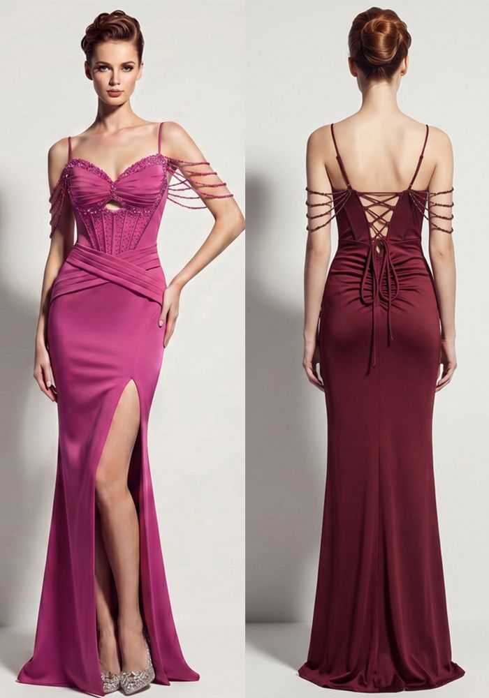 Robe de Soirée Satinée à Lacets avec Fente en Fishbone