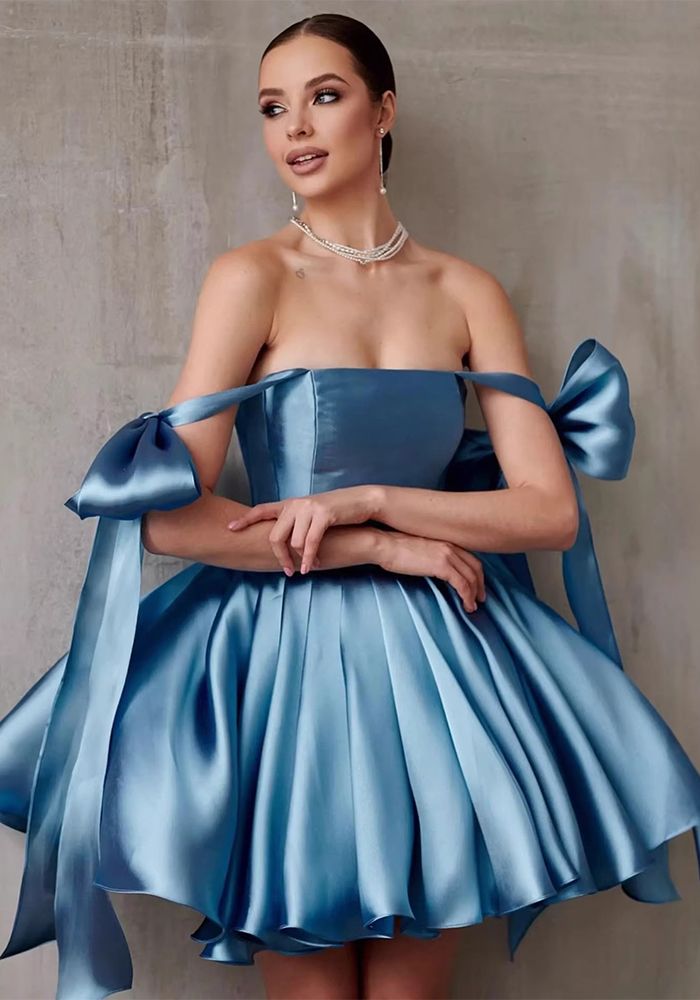 Robe courte formelle d'été à épaules dénudées pour fête d'anniversaire avec nœud papillon (temps de traitement de 3 à 6 jours)