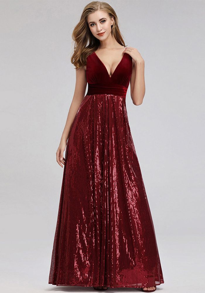 Robe de Soirée V-Col Sans Manches Sequins A-Ligne Velours Élégante (Délai de traitement de 3 à 6 jours)