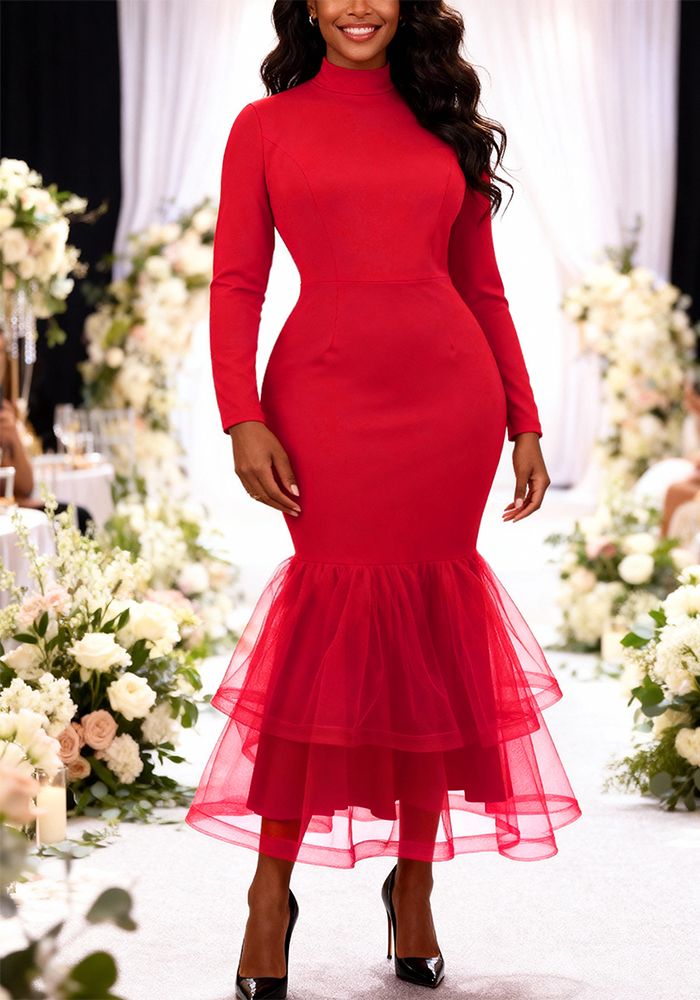 Robe Femme Rouge Col Montant Manches Longues Patchwork Mesh Sirène Bodycon