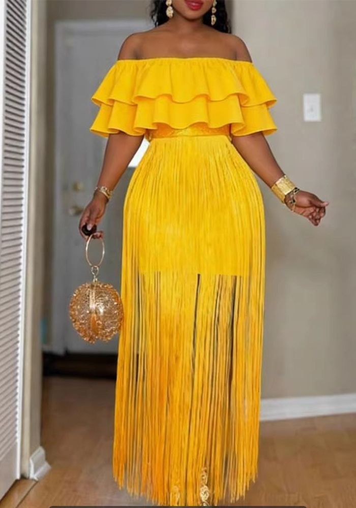 Robe Maxi de Soirée Formelle à Volants Frangés Jaune Africain Grande Taille pour Femmes