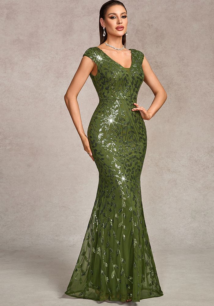 Robe de Soirée Femme Double Col V Élastique Doublée de Sequins Printemps Été