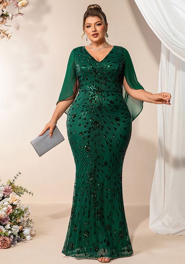 Robe Sirène Grande Taille Femme à Manches Courtes en Sequins Stretch V Col Été Automne