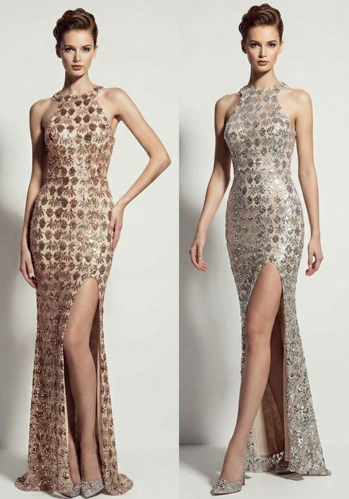 Robe de Soirée Femme Col Halter Paillettes Fente Haute Ajustée Gown de Fête