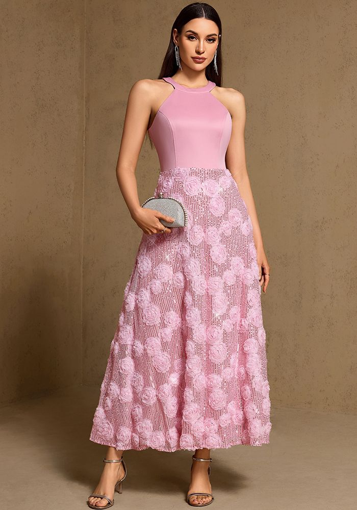 Robe de Soirée Femme Halter Imprimé Patchwork Maxi Robe de Fête