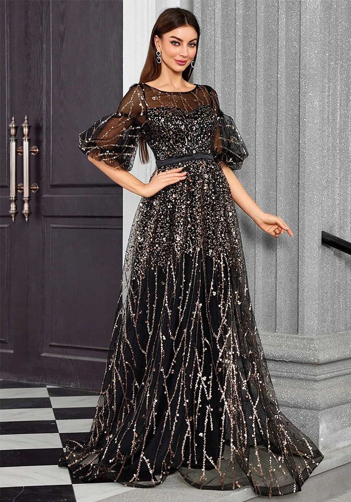 Robe de Soirée Noire à Paillettes pour Femme