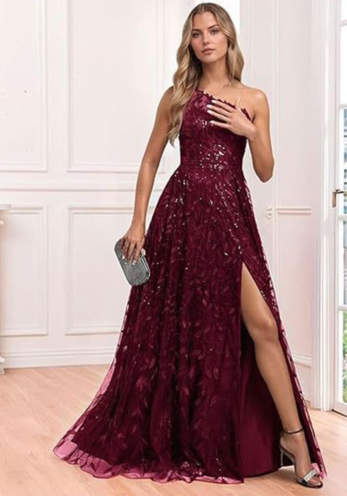 Robe longue en sequins bordeaux pour femmes à une épaule avec fente, taille plus, robe de soirée formelle