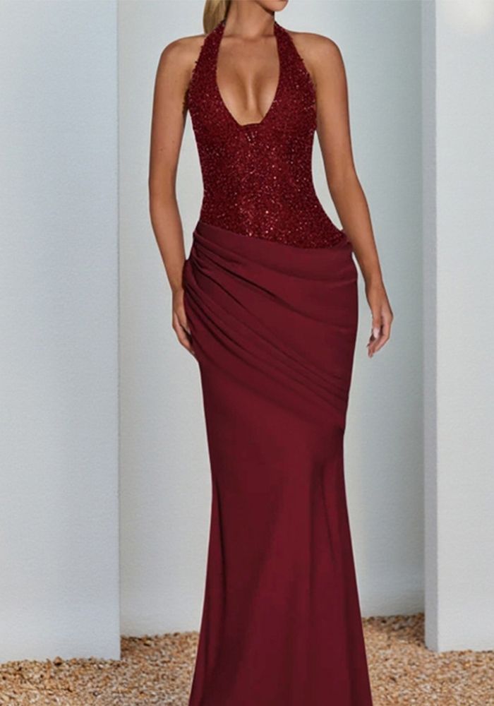 Robe de Soirée Femme Automne Brillante Tricotée V-Cou Halter Patchwork Bodycon