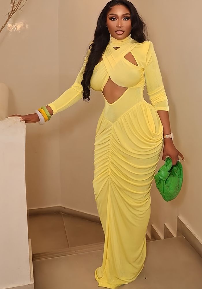 Robe Maxi Femme Printemps Couleur Unie à Manches Longues Col Montant Creux Froncé
