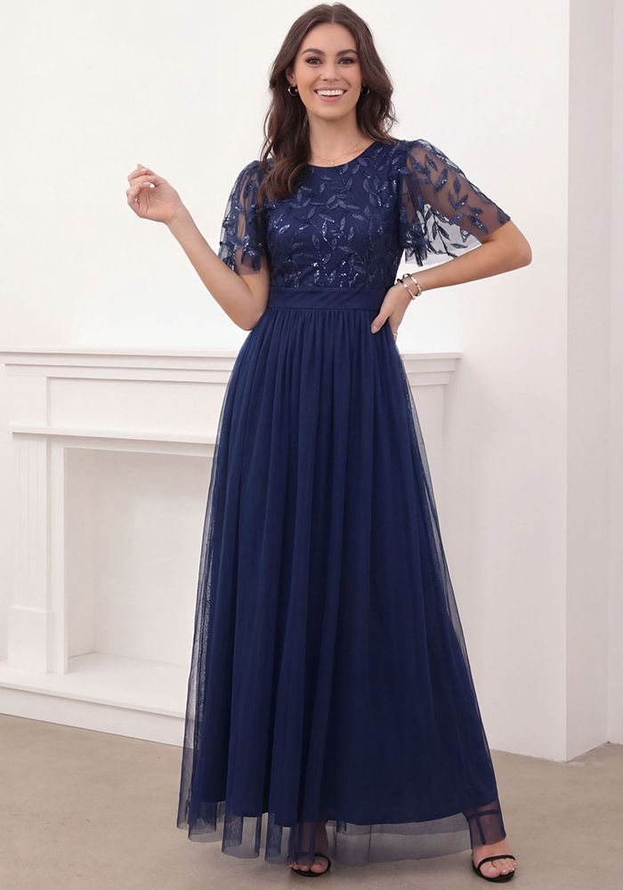 Robe de soirée à paillettes pour femmes grande taille à col rond et manches courtes