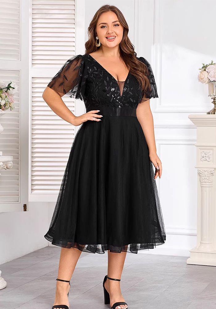 Robe de Soirée Formelle à Double Col V en Maille Grande Taille pour Femmes Printemps Été