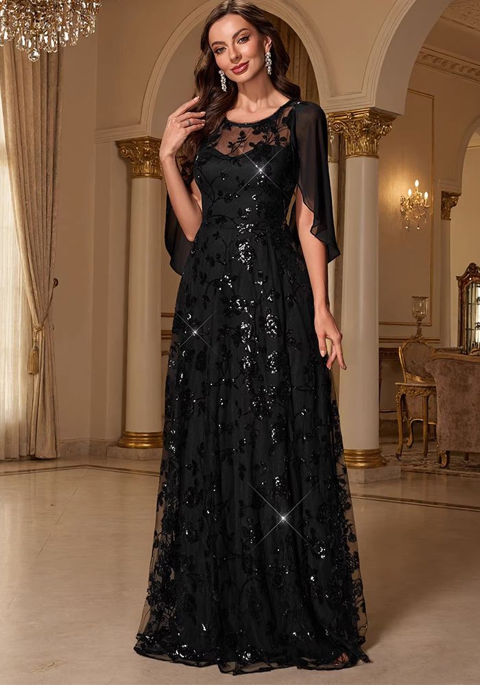 Robe Maxi A-Line en Maille Pailletée à Col Rond pour Femmes - Gown de Soirée Élégant