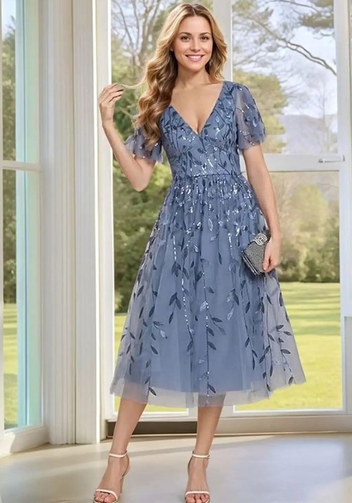 Robe de soirée midi à manches courtes en sequins brodés pour femmes, décolleté en V (temps de traitement de 3 à 6 jours)