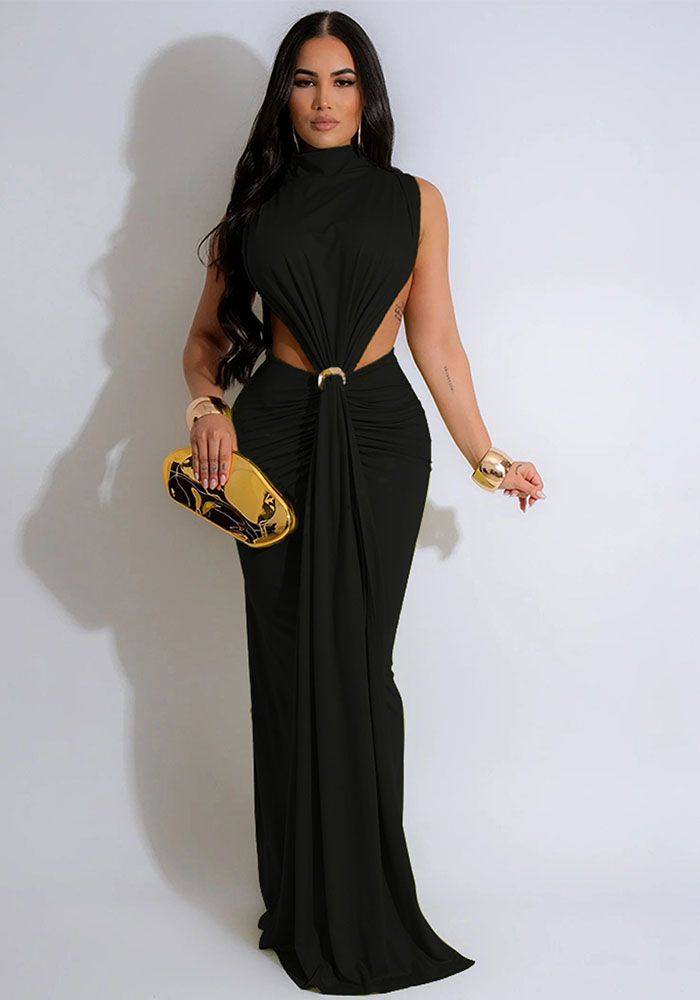 Robe Bodycon Femme d'Été à Col Montant avec Détails Métalliques et Taille Ouverte