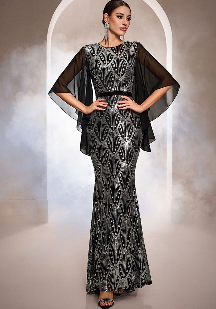 Robe de soirée formelle en sequins pour femmes de luxe à manches longues et col rond de printemps
