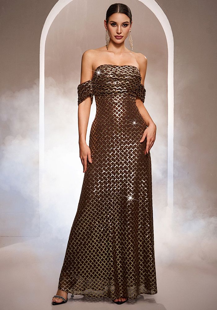 Robe de Soirée Formelle A-Line Sans Manches Off-Shoulder en Sequins de Luxe pour Femmes Printemps