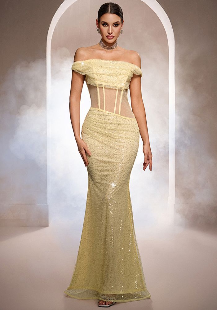 Robe de soirée formelle en mermaid sans manches à épaules dénudées en sequins de luxe pour femmes printemps